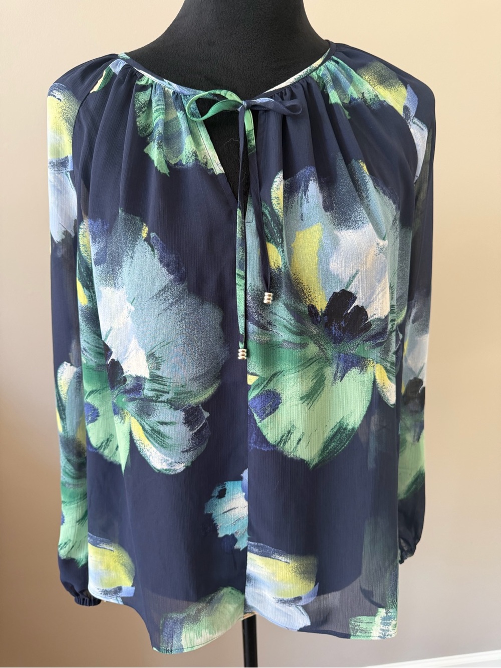 Chico's Size 1 Navy Sheer Floral Tie-Neck Blouse